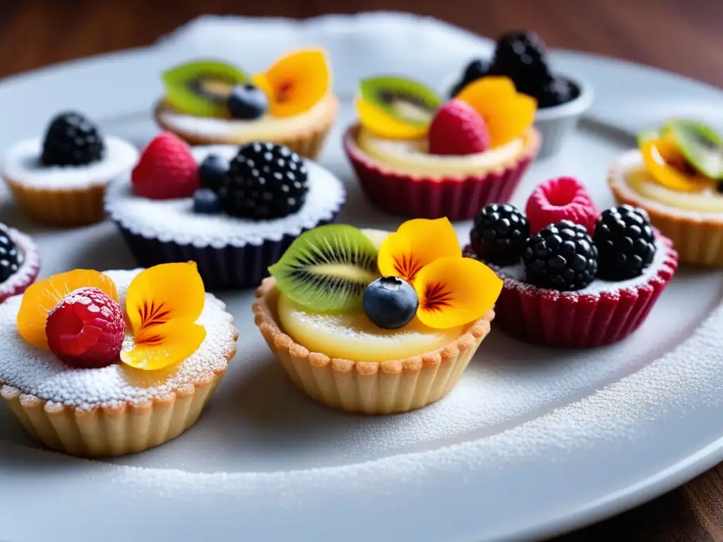 Una exquisita variedad de mini tartas veganas decoradas con frutas frescas y flores comestibles, listas para sorprender