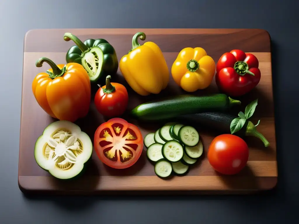 Exquisita variedad de vegetales coloridos en tabla de corte moderna