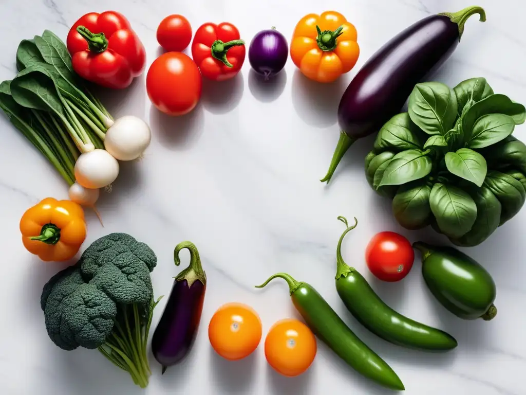 Una exquisita variedad de vegetales frescos y coloridos sobre mármol blanco