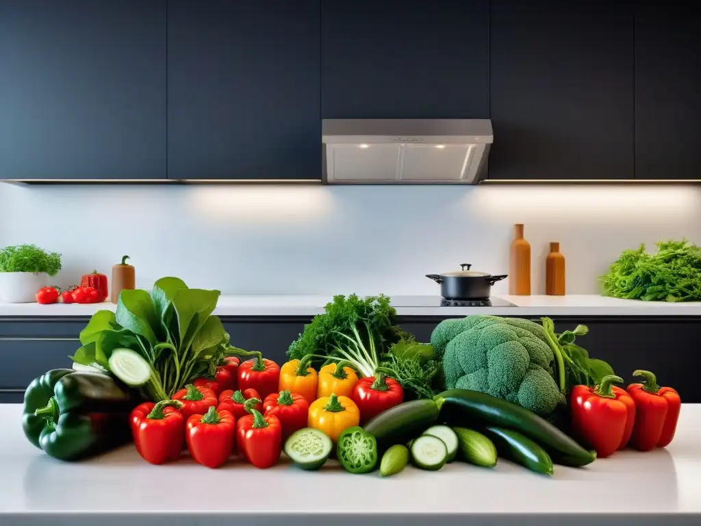 Una exquisita variedad de vegetales frescos sobre una encimera moderna invita a explorar la cocina vegana