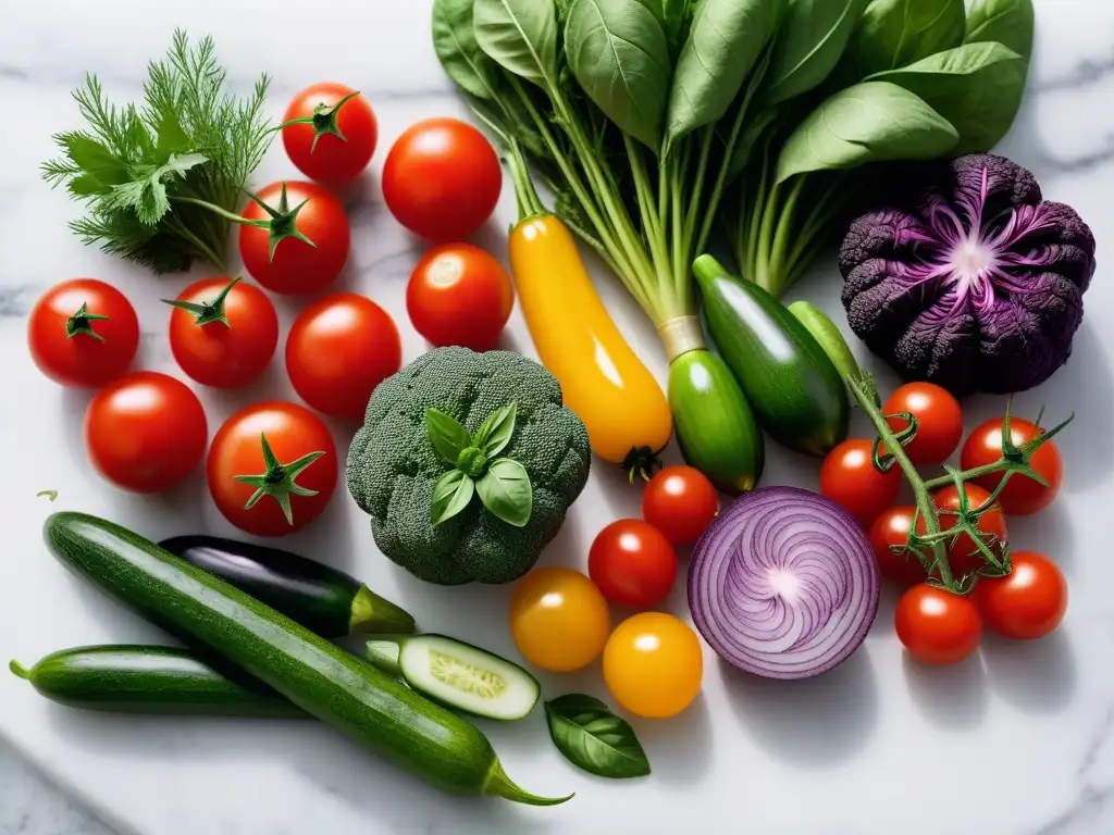 Una exquisita variedad de vegetales y hierbas coloridos, frescos y cortados, sobre una encimera de mármol blanco