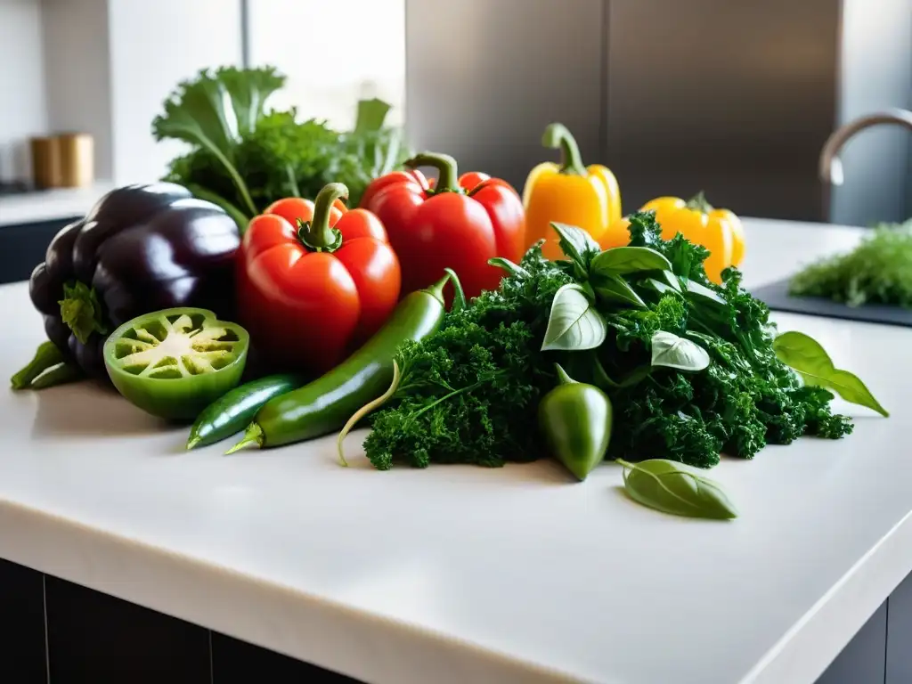 Una exquisita variedad de vegetales y hierbas frescas sobre una encimera de cocina moderna, transmitiendo la esencia de la cocina vegana saludable