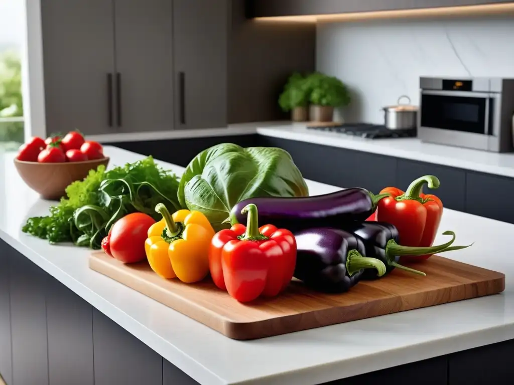 Una exquisita variedad de vegetales orgánicos frescos en una cocina vegana, con técnicas de chefs y herramientas modernas