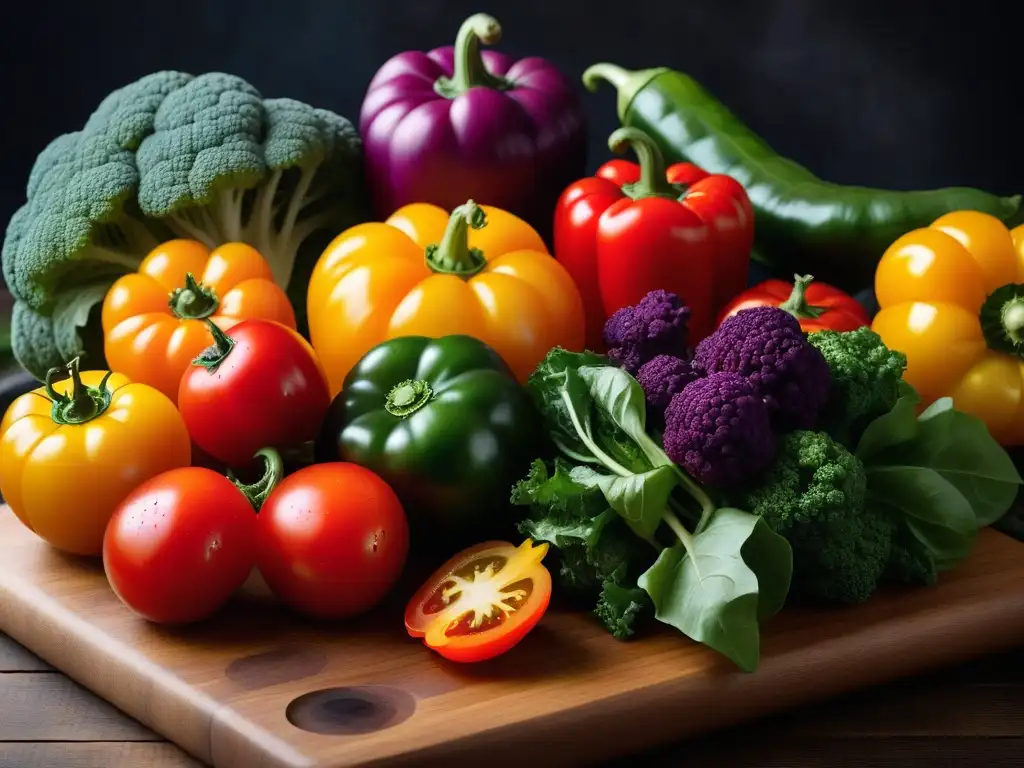 Una exquisita variedad de vegetales orgánicos recién cosechados sobre tabla rústica de madera