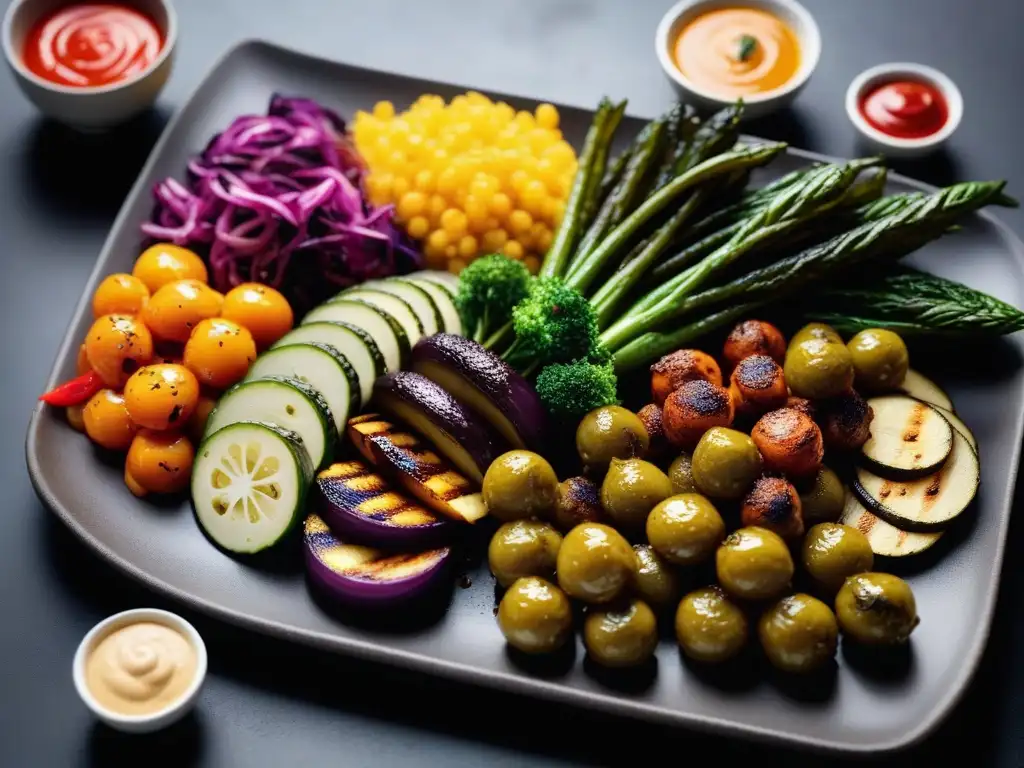 Una exquisita variedad de vegetales a la parrilla con salsas coloridas