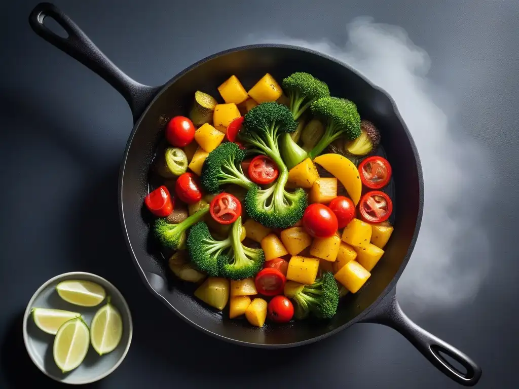 Una exquisita variedad de verduras arcoíris cocinadas sin aceite, reflejando las técnicas de cocción vegana sin aceite