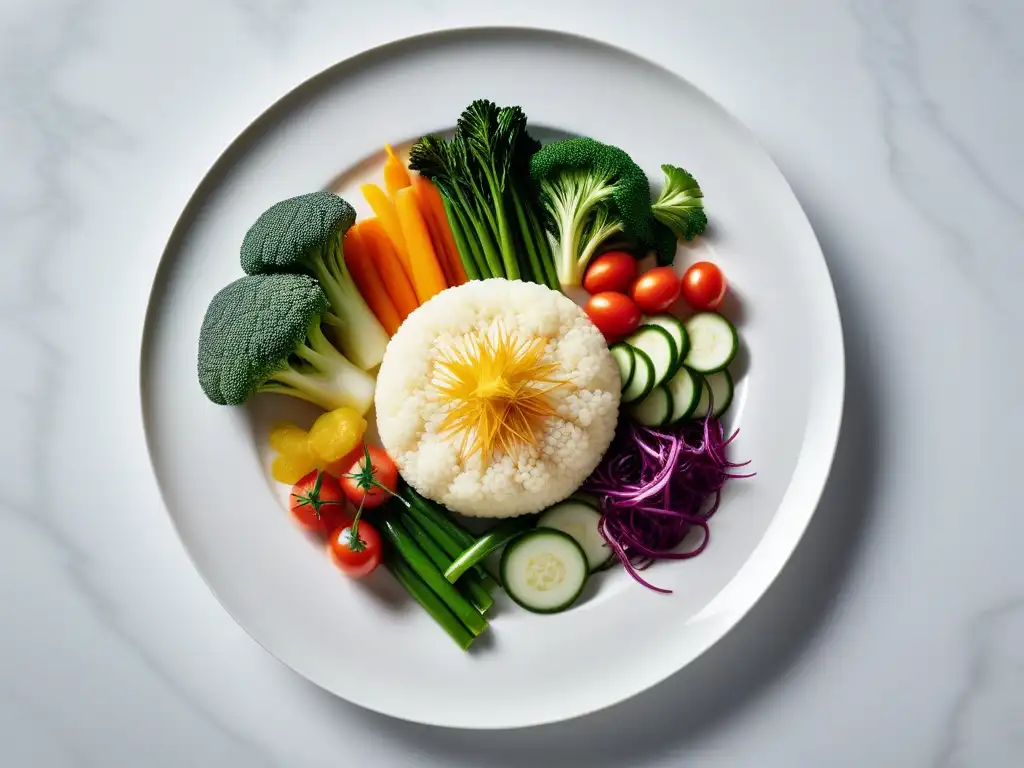 Una exquisita variedad de verduras blanqueadas en un plato blanco, mostrando técnicas de blanqueado perfectas para platos veganos