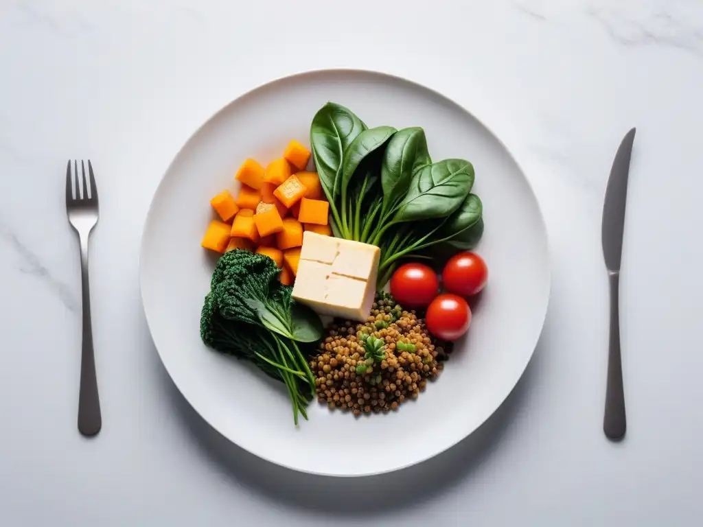 Una exquisita variedad de verduras coloridas ricas en hierro, como espinacas, lentejas, quinoa y tofu, presentadas en un elegante plato blanco