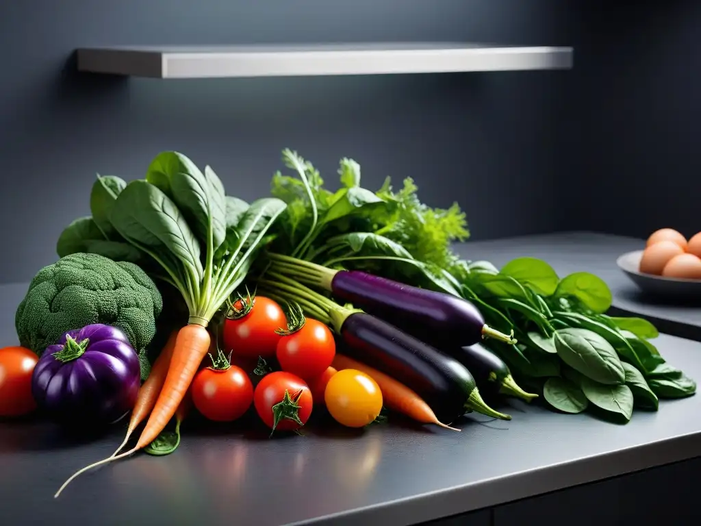 Una exquisita variedad de verduras frescas y coloridas sobre una encimera de cocina moderna