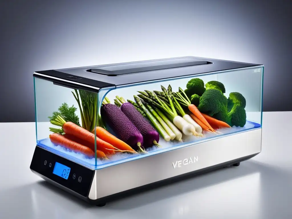 Una exquisita variedad de verduras sous vide en bolsas transparentes sumergidas en un baño de agua controlado