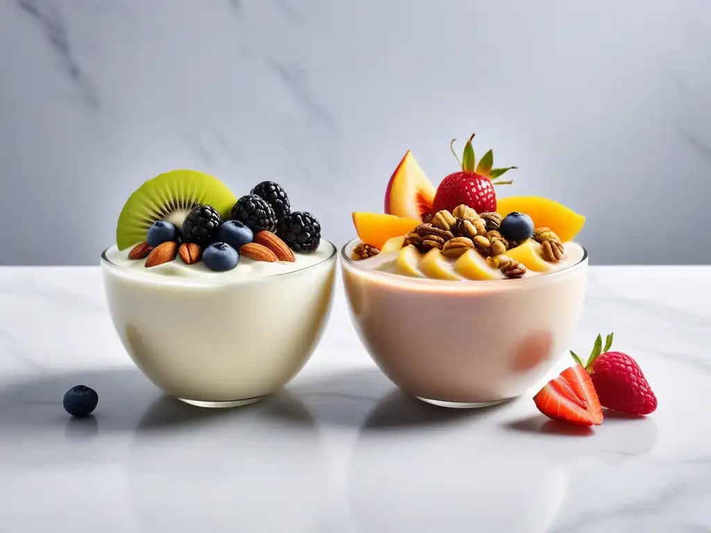 Una exquisita variedad de bowls de yogur vegano, coloridos y apetitosos, destacando lo mejor del mercado