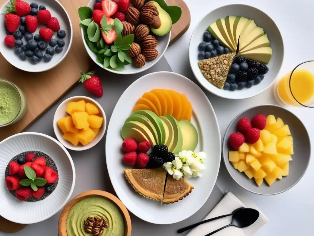 Una exquisita organización brunch vegano delicioso con platos coloridos y variados en una mesa elegantemente decorada