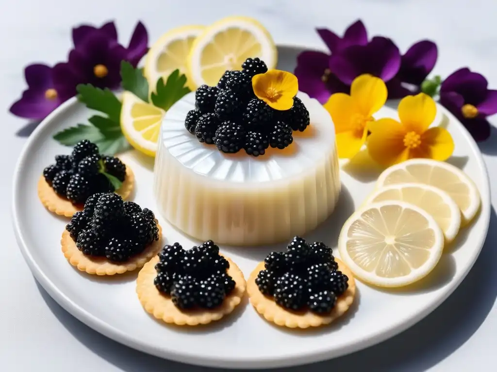 Exquisita degustación de caviar vegano gourmet con presentación elegante y sofisticada