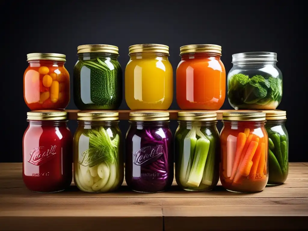 Exquisita lactofermentación en vegetales veganos en tarros de vidrio coloridos, sobre mesa de madera, iluminación natural resalta frescura y salud