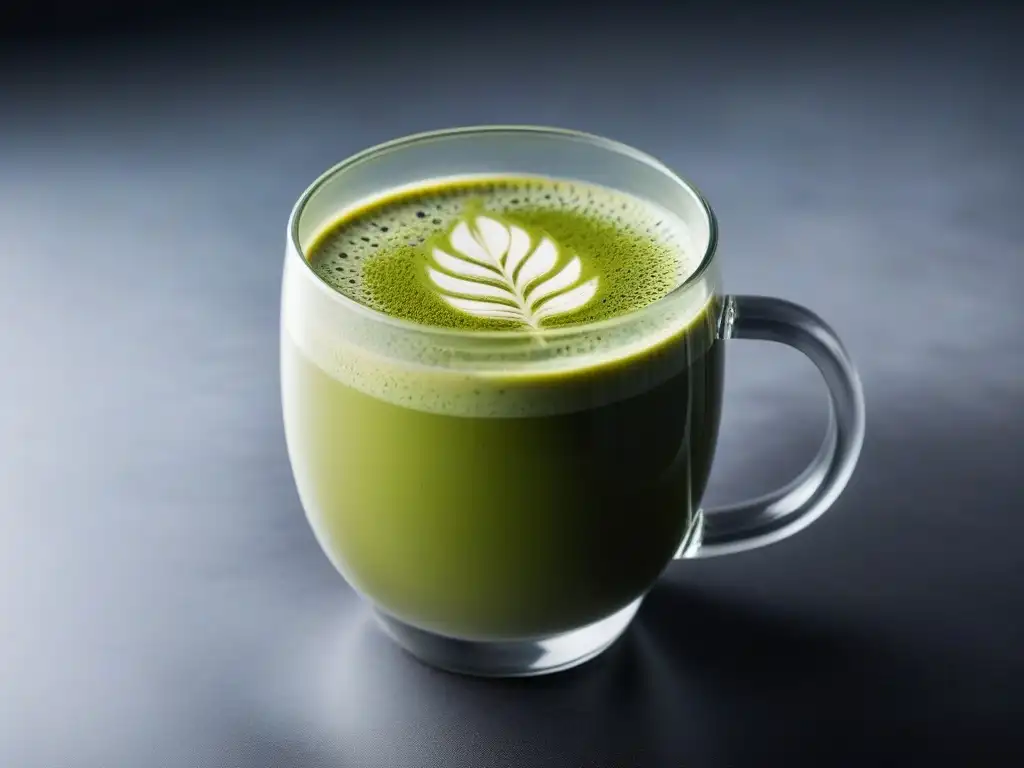 Una exquisita y vibrante matcha latte en vaso moderno, con leche de almendra y polvo de matcha formando un patrón delicado