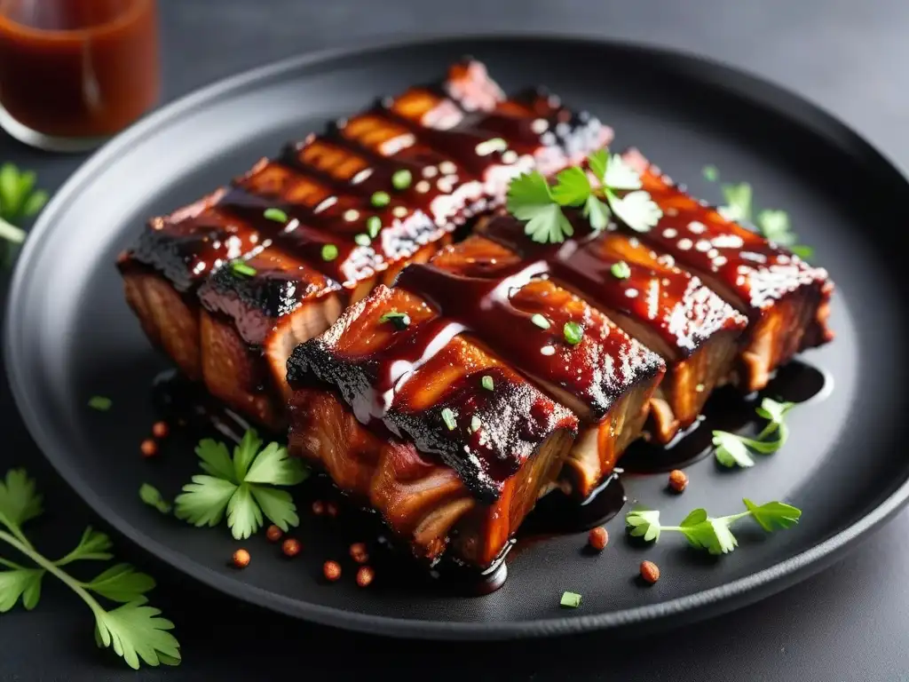 Deléitate con la exquisita vista de unas costillas veganas barbacoa, con seitan a la parrilla y salsa abundante