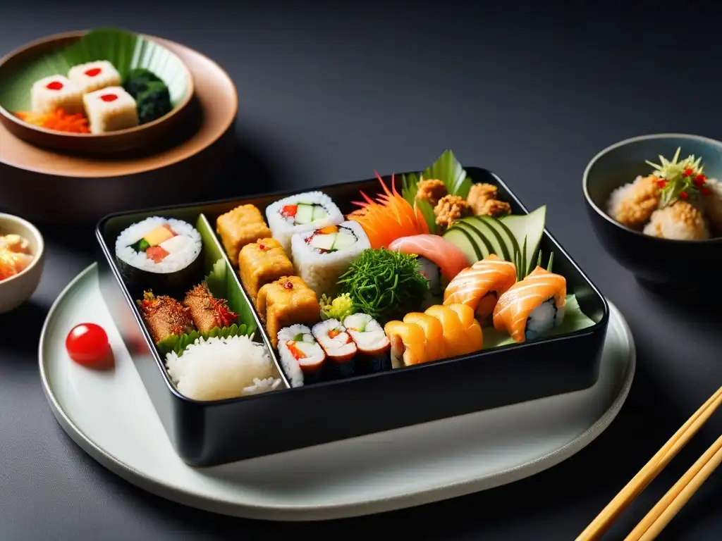 Una exquisita vista detallada de un hermoso bento japonés vegano auténtico con una colorida variedad de platillos meticulosamente preparados