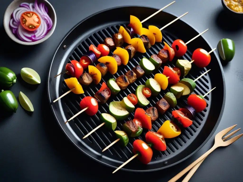 Exquisitas brochetas de carne vegana en grill moderno, con vegetales coloridos y proteína maravillosamente marinada