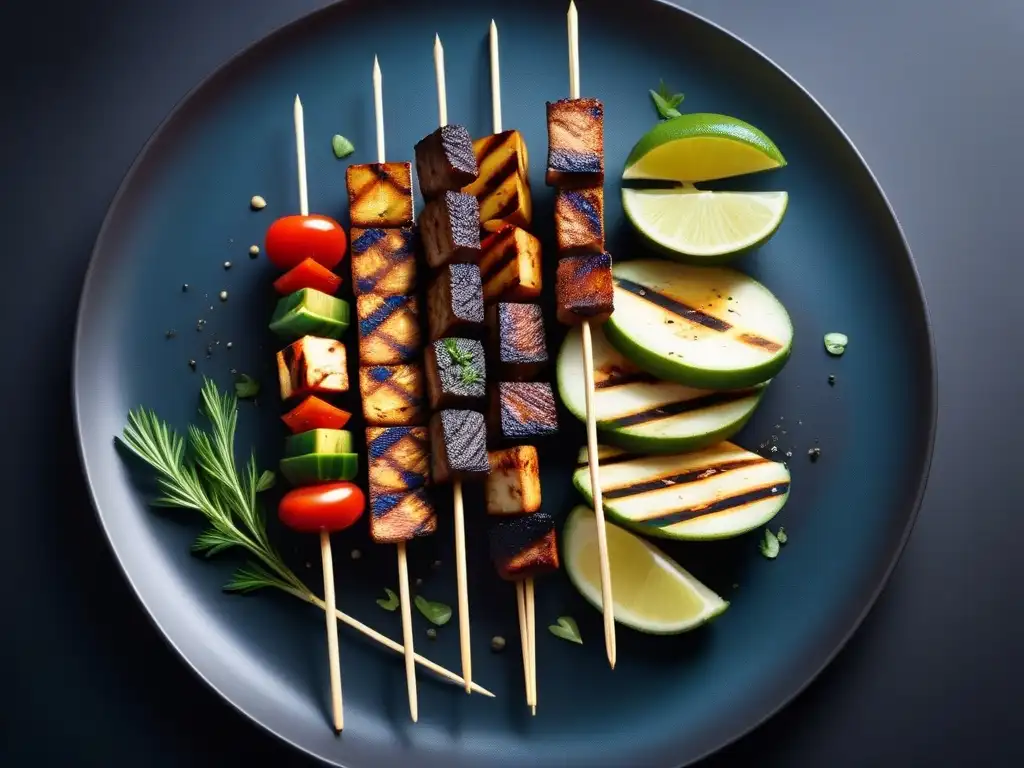 Exquisitas brochetas veganas con tofu, seitan y vegetales asados, presentadas de forma elegante