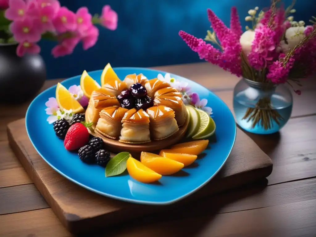 Exquisitas delicias veganas griegas adornadas con frutas frescas, frutos secos y flores comestibles en una elegante bandeja sobre mesa de madera rústica, con toques de azul mediterráneo