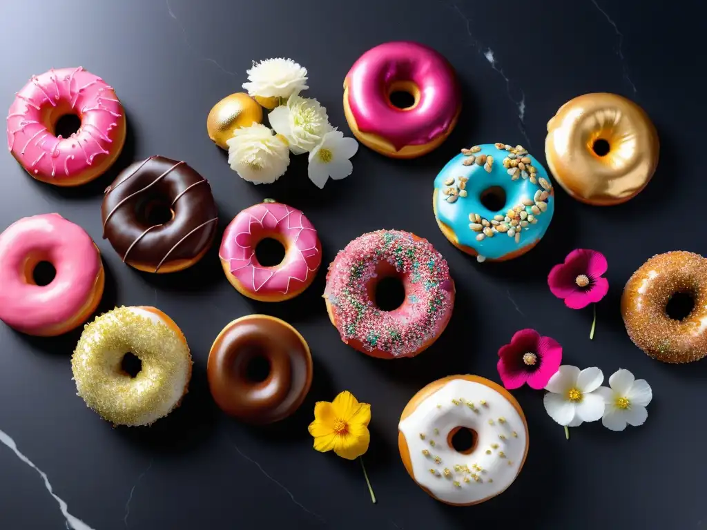 Exquisitas donas veganas esponjosas decoradas con colores vibrantes y toppings elegantes en un elegante mostrador de mármol negro