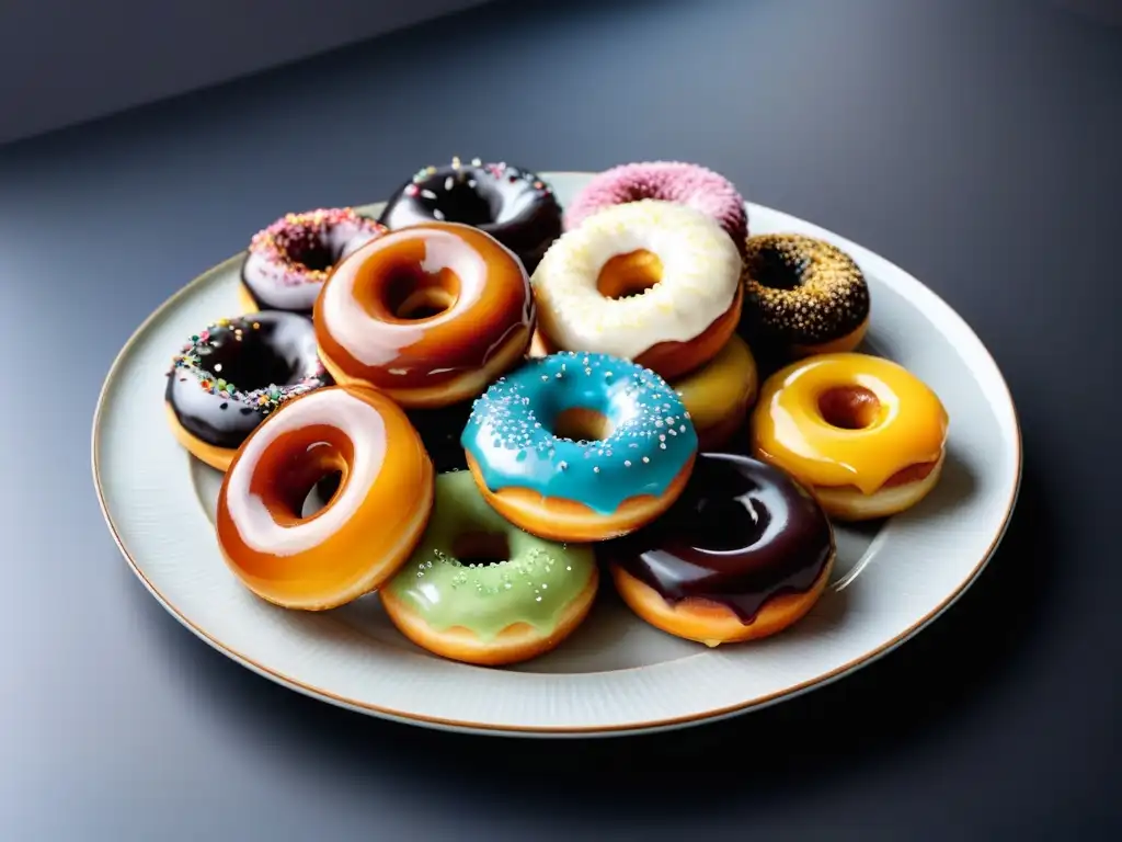 Exquisitas donas veganas esponjosas, doradas y decoradas con glaseados vibrantes en un plato minimalista