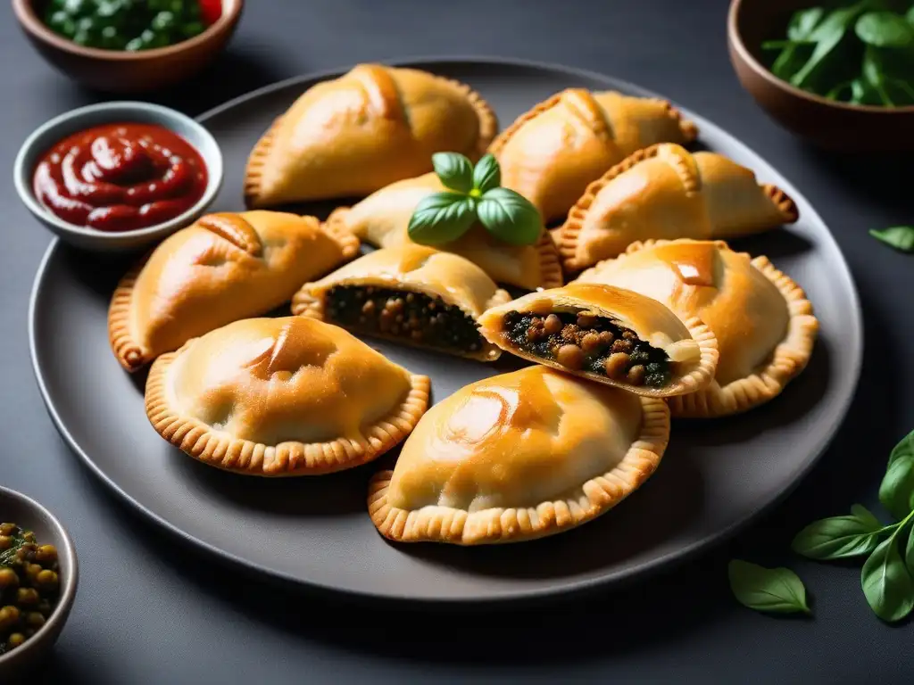 Exquisitas empanadas veganas argentinas con rellenos de champiñones, espinacas y lentejas, servidas en plato blanco