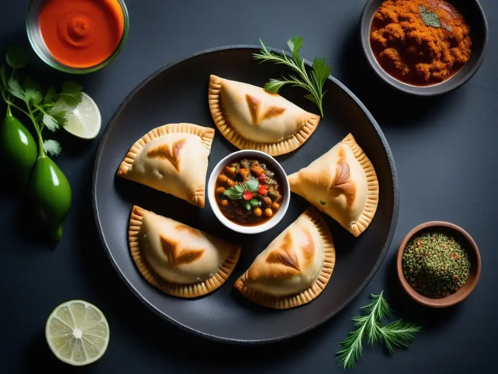 Exquisitas empanadas veganas sin gluten internacionales, coloridas y creativas, en plato de pizarra elegante