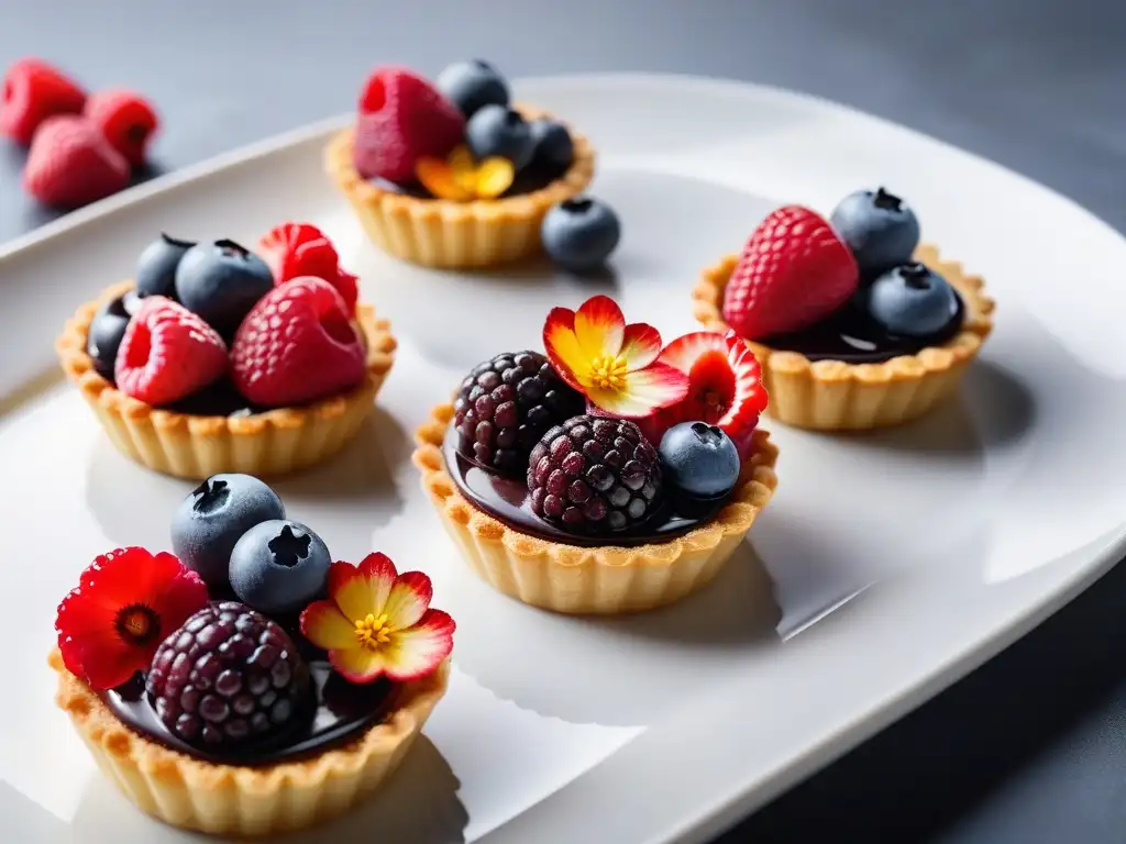 Exquisitas mini tartas veganas decoradas con frutas frescas y flores comestibles, sobre plato blanco