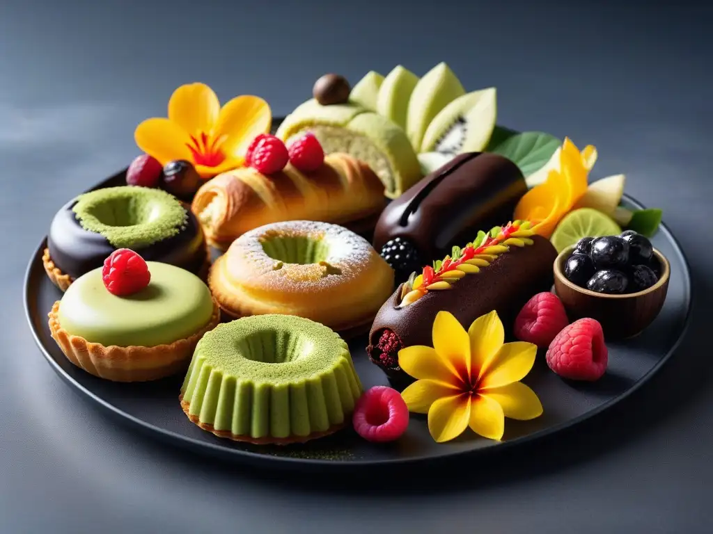 Exquisitas tendencias de pastelería vegana mundial en una variedad de postres veganos exóticos y coloridos en una elegante bandeja contemporánea