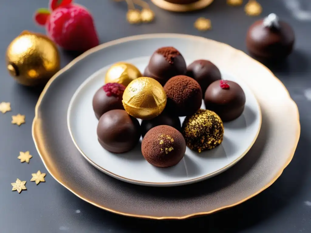 Exquisitas trufas veganas de chocolate con toque de oro y frambuesa, en plato elegante sobre mármol iluminado