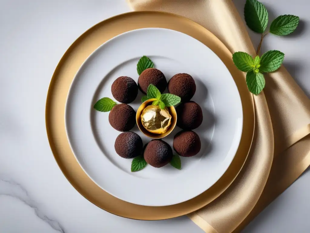 Exquisitas trufas veganas europeas decoradas con oro comestible y frutos rojos, en plato elegante