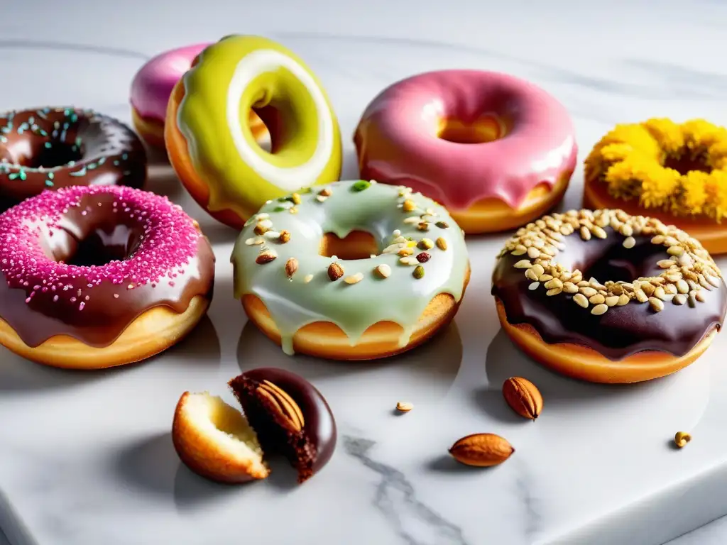 Una exquisitez de donas veganas esponjosas decoradas con glaseados vibrantes, nueces y flores comestibles en un elegante mostrador de mármol