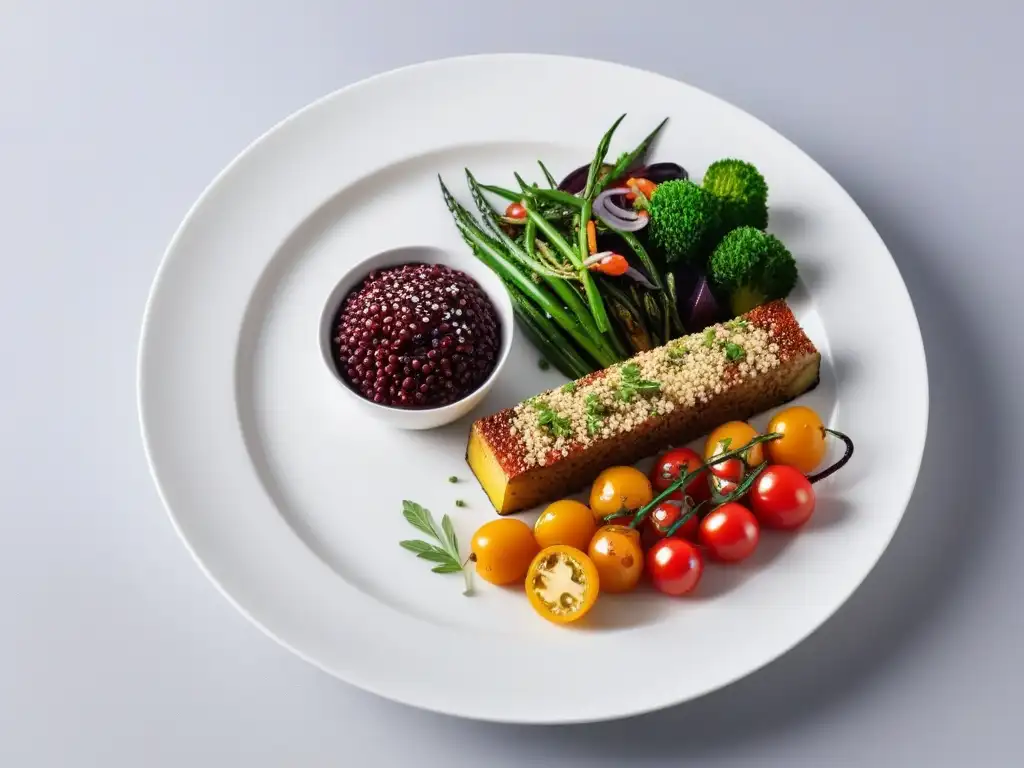 Exquisita comida vegana gourmet en plato blanco: vibrante y elegante Exquisito almuerzo vegano gourmet con recetas veganas gourmet para almuerzos
