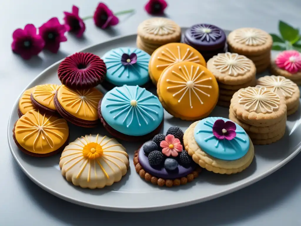 Un exquisito arreglo de galletas veganas decoradas con arte culinario, ¡recetas deliciosas!