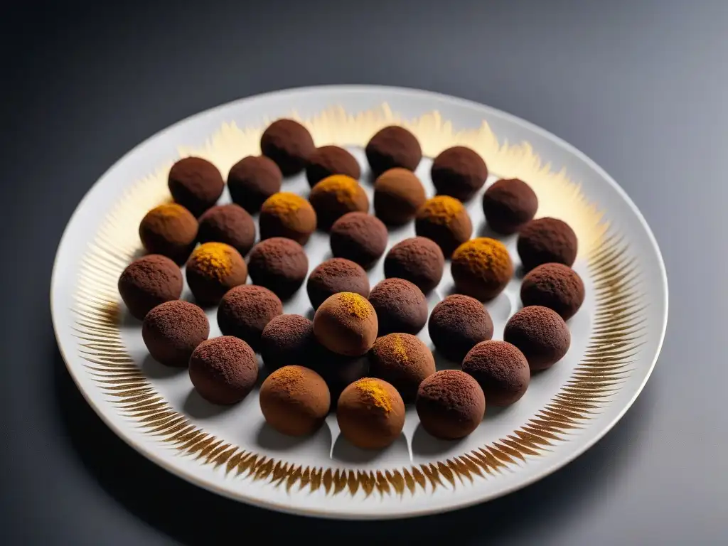 Un exquisito arreglo de trufas veganas de chocolate, decoradas con hojas de oro, en un elegante plato minimalista