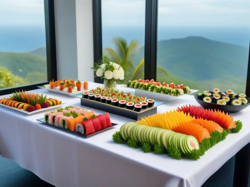 Exquisito banquete vegano crudo para celebraciones, con platos coloridos y decoración elegante