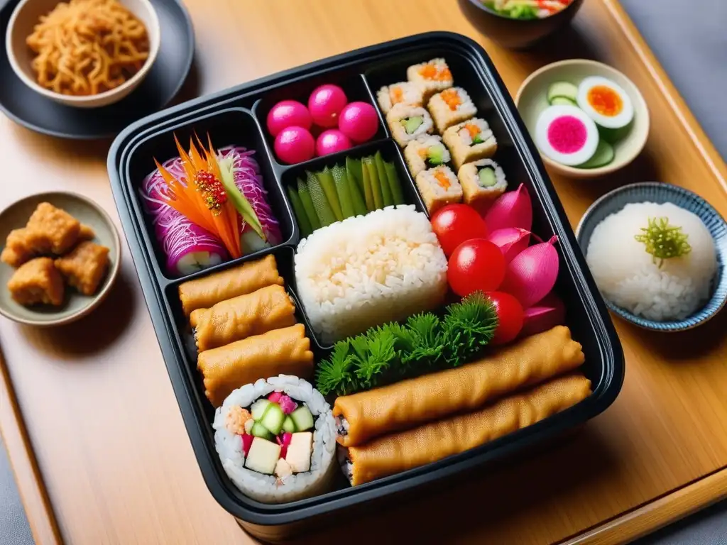 Un exquisito bento japonés con sushi, tempura, rábanos encurtidos y tofu, en un hermoso mantel de bambú