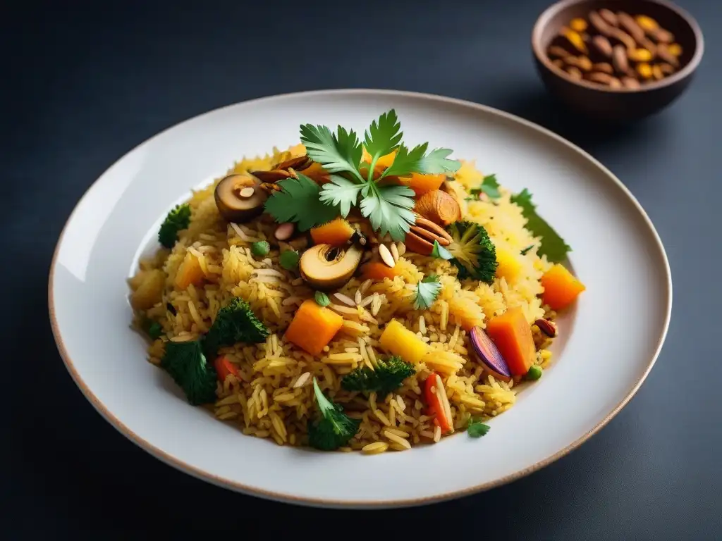 Exquisito Biryani Vegano Receta Exótica con arroz basmati, vegetales, especias y almendras en plato blanco sobre fondo oscuro