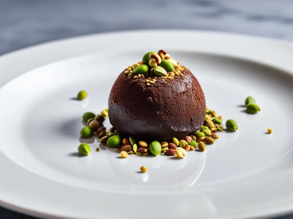 Un exquisito bocado: una trufa vegana de chocolate, brillante y lujosa, espolvoreada con pistachos triturados