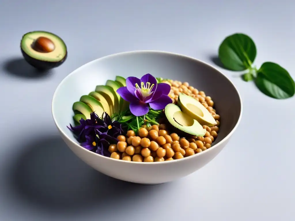 Un exquisito bol de desayuno vegano con natto de soya fermentada, adornado con hierbas frescas y flores comestibles, en un entorno minimalista y elegante