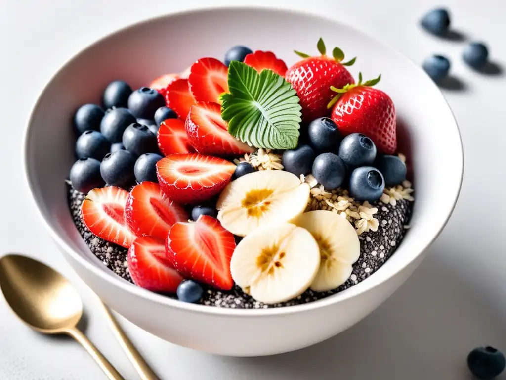 Exquisito bowl de açaí con fresas, arándanos, semillas de chía y coco en un bol blanco