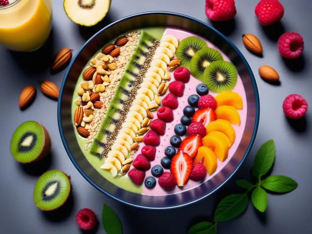 Un exquisito bowl de batido vegano con superfoods energéticos, frutas frescas y semillas, en una presentación vibrante y colorida