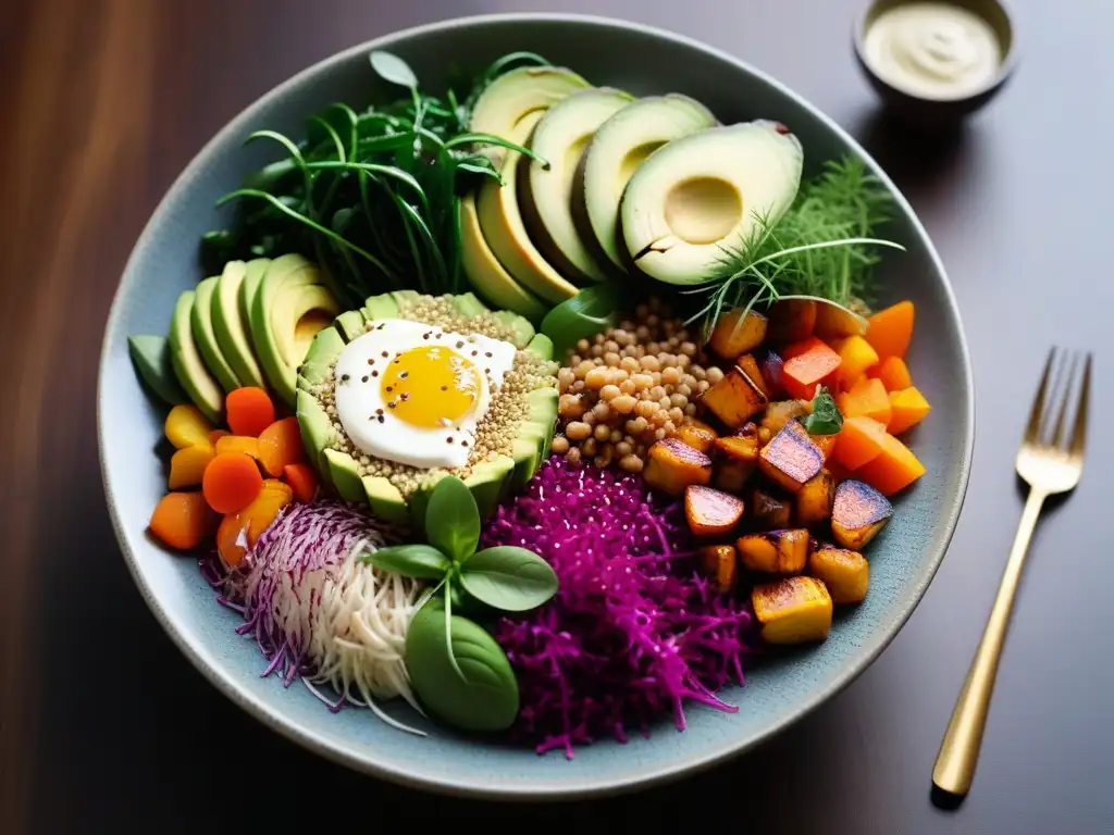 Un exquisito bowl vegano sin gluten con ingredientes vibrantes y coloridos, presentado de forma elegante en un plato de cerámica moderno