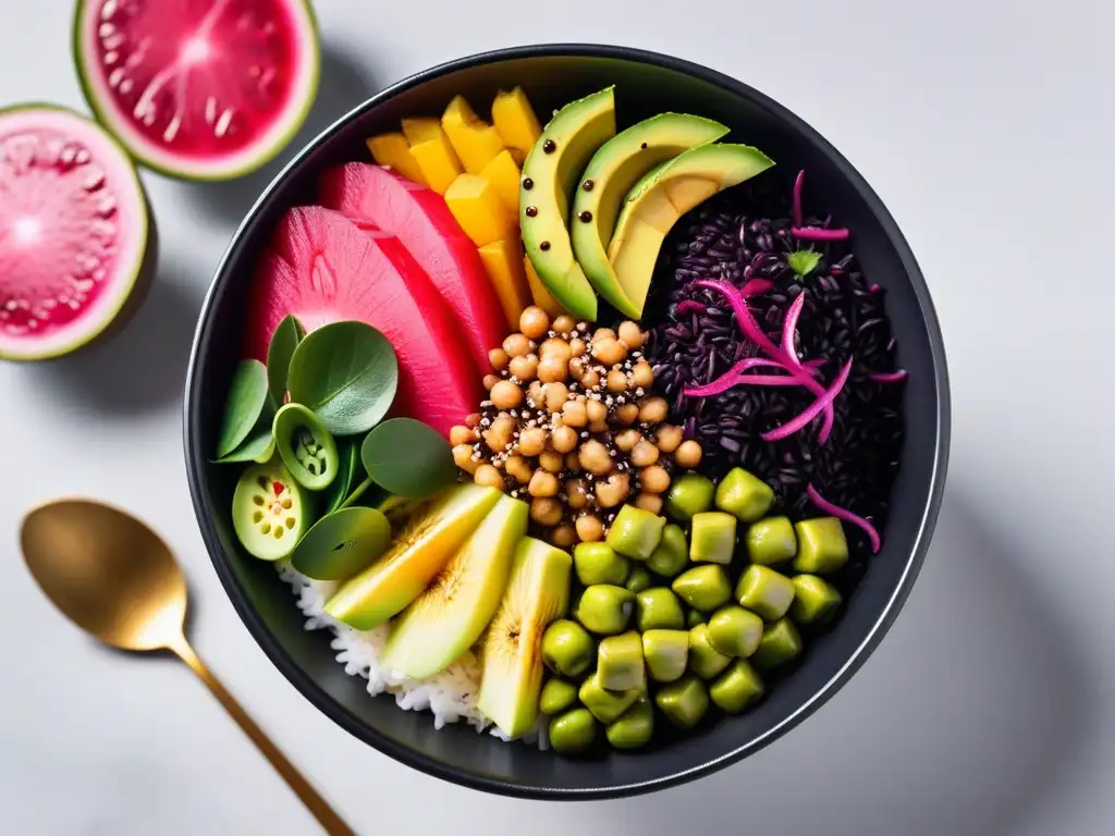 Exquisito bowl vegano con ingredientes vibrantes y coloridos