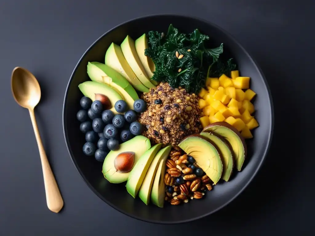 Un exquisito bowl vegano con Omega3, repleto de chía, nueces, aguacate, kale, arándanos y aceite de linaza, en una elegante vajilla negra mate