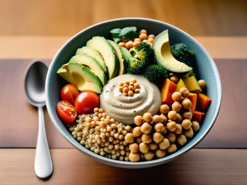 Un exquisito bowl vegano sin gluten con quinoa, vegetales, aguacate, garbanzos y aderezo de tahini