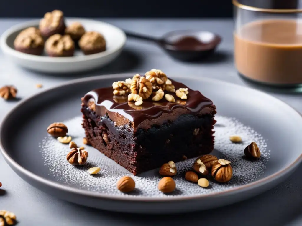 Un exquisito brownie vegano con ganache de chocolate, nueces y azúcar glas