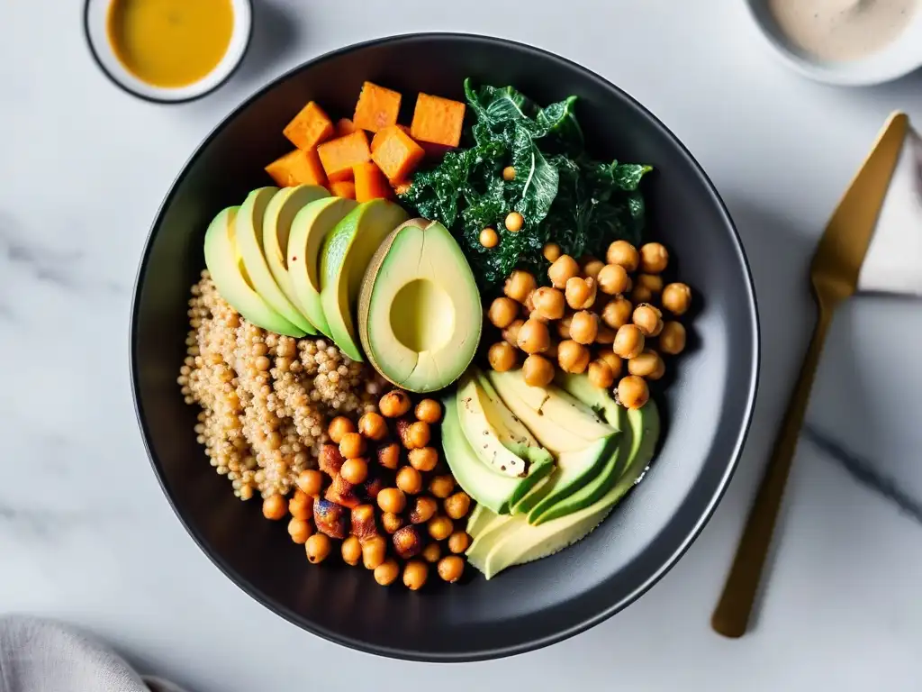 Exquisito Buddha bowl vegano para deportistas con quinoa, aguacate, garbanzos y tahini en plato negro sobre mármol blanco