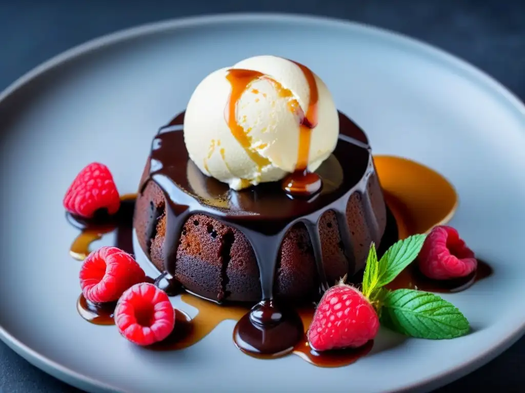 Un exquisito lava cake vegano con helado de vainilla sin lácteos, caramelo, frambuesas y menta